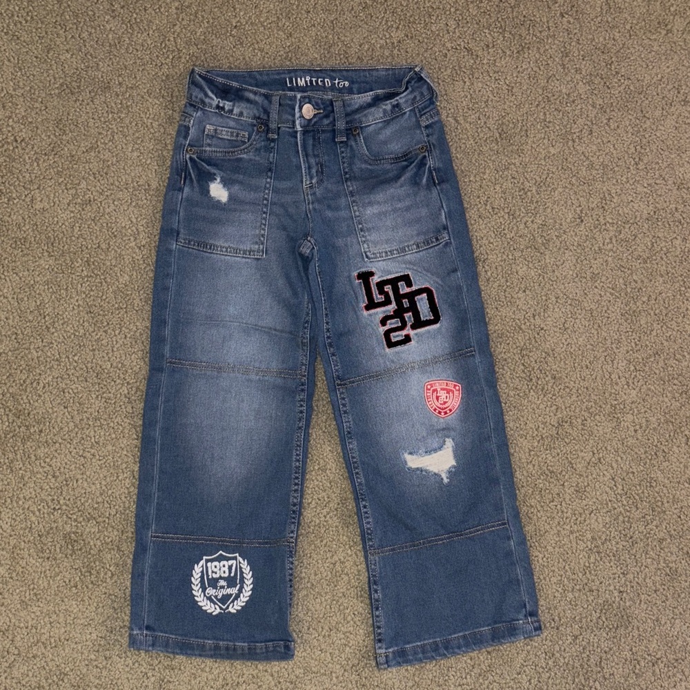 The Limited Too Girl’s Blue Distressed Wide Leg Jeans with Patches, Size 7